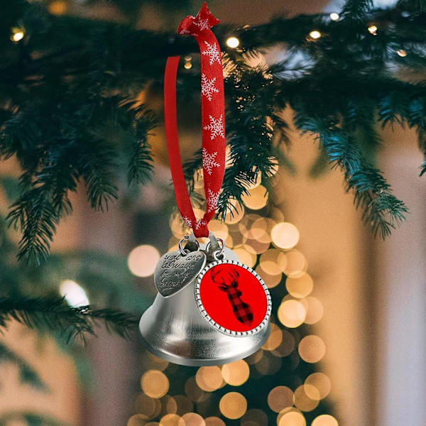 Buffalo Checkers Deer Silver Bell Ornament Julgrans Klockor med Röd Lanyard Metall Xmas Hängande Dekorationer för Semesterfest  Vingklocka