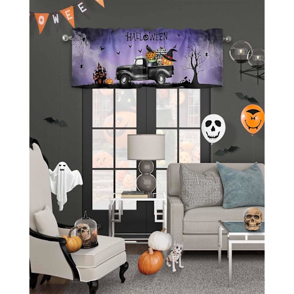Halloween Valance Gardin til Køkken, Farm Truck Græskar Spøgelse Ansigt Vindu Valancer, Skelet Krage Spøget Slot Ro Lomme Gardin Lilla Tåge Wi Pu