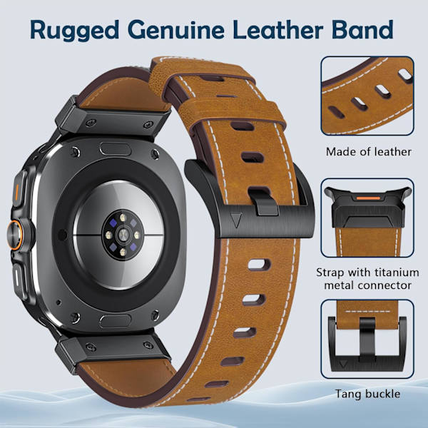 Robust ægte læderrem kompatibel med   Galaxy Watch Ultra 47mm(2024), Quick Release bred rem med titanium metalforbindelse til Galaxy