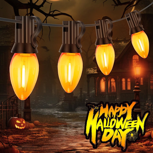 C7 Halloween-lys, 25FT utendørs oransje LED-lyskjede med 27 klare oransje LED-pærer (2 reserve), flott som Halleween-juledekorasjoner for