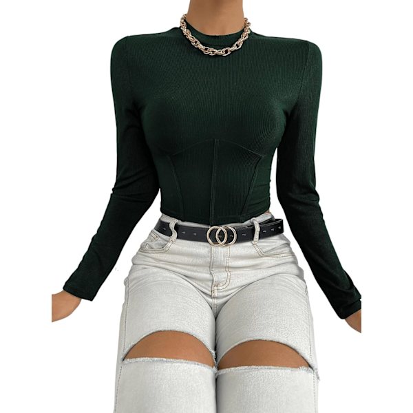 Kvindernes Mock Neck Langærmet Ribstrikket Slim Fittet Crop