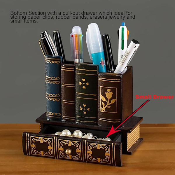 Træ n Holder Librry Bog Shd, Træ ncil Holders Stnd wi Bund Storge Skuffe Dekortiv Skrivebord Orgnizer Cddy brun brun