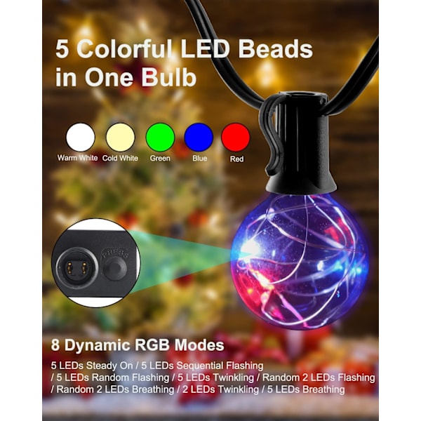 RBG Patio String Light 38FT 5V丨 8 Färglägen丨G40 30 Glas LED-lampor (3 reserv) 丨E12 0,5W 丨 IP44 Vattentät Sladdad Elektrisk Hängande Bistro-ljus