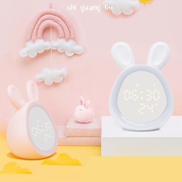 Barnealarmklokke Kanin  Justerbar Lysstyrke Snooze Led Nattlys Termometer Display Gjenladbar Kawaii Digital Klokke Dekor for Barn Hvit