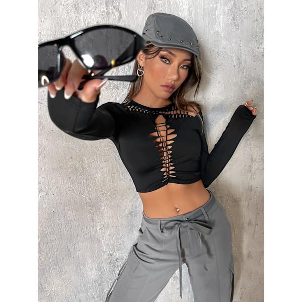 Kvinde Udskåret Langærmet Rund Hals Crop Top Slim