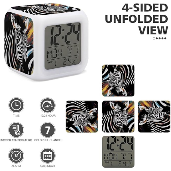 LED Vækkeur, Abstrakt Dyr Zebra Print Flerfarvet Vækkeur Geometrisk Vækkeur Soveværelse Vækkeur Lydløs Vækkeur Hvid Hvid