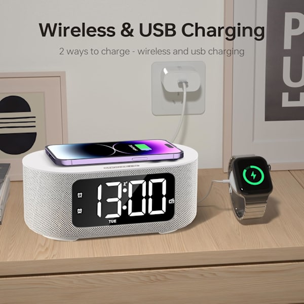 Stofvækkeur til soveværelse, med stort LED-skærmdisplay, Bluetooth-stereohøjttaler, FM-radio, hurtig trådløs opladning, USB-opladningsport,