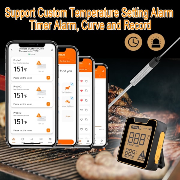 wxsp Köttermometer, kökstermometer, Bluetooth, digital, termometer med timerfunktion och 2 prober för matlagning, grillning, ugn, batteri