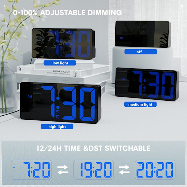 Digital väckarklocka för sovrum, 7\" digitalklocka med dubbla alarm, typ C & USB-laddningsport, nattlampa, fet siffra stor display, 7 blå