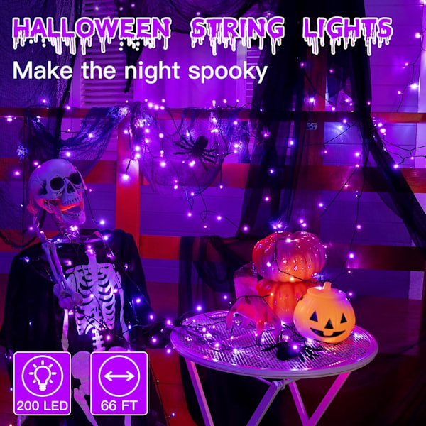 66FT 200 LED Halloween-lys, lilla Halloween-lys til udendørs brug med 8 lystilstande, vandtætte Halloween-lyskæder til jul udendørs