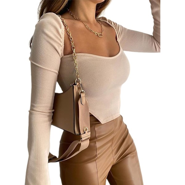 Kvinners langarmede ribbestrikket Crop Top Scoop Neck