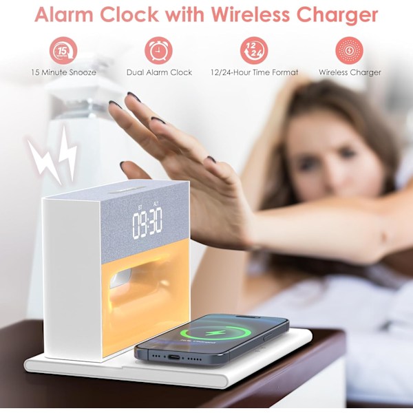 För sovrum, väckarklocka Bluetooth-högtalare, väckarklocka med trådlös laddning, 4 i 1 touch-sänglampa, Bluetooth-väckarklocka för tung vit