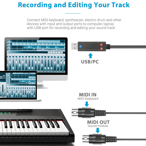 USB MIDI-kabelkonverteradapter - PC till Keyboard Synthesizer-kabel