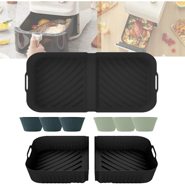 Silikon Airfryer Liner 10.4L, 3PCS Flexi Låda Airfryer Tillbehör AF500 med 6 Kakkoppar, Dubbla Airfryer Liners Air Fryers Insatser för Köksmatlagning