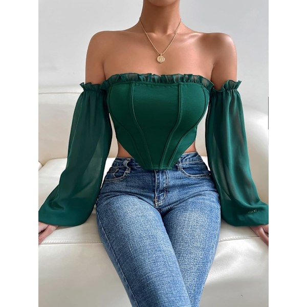 Kvinners Off Shoulder Frill Trim Lang Ermet Asymmetrisk Hem Korsett Crop Top