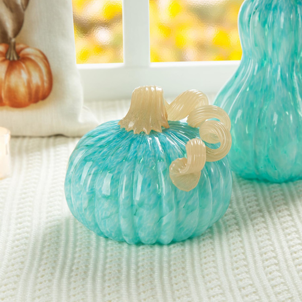 Glitzhome 6\" D Handblåst Rund Turkos Glaspumpa, Thanksgiving Glaspumpa Höst Pumpa Bordsdekoration Skördeglas Pumpa Figur Glas 6\"d