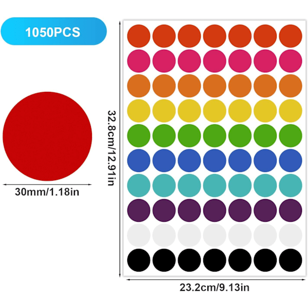 1050 stk fargekodingsklistremerker, 30 mm/1,2 tommers runde fargede prikker