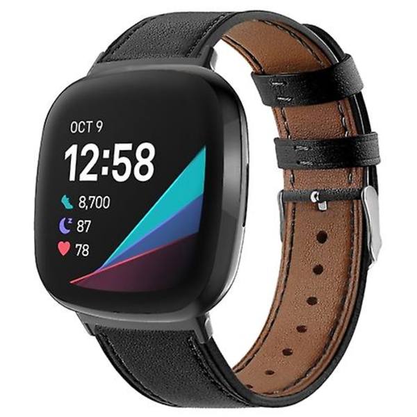 För Fitbit Versa 4 / Sense 2 Rund Svans Äkta Läder Klockarmband VST Black
