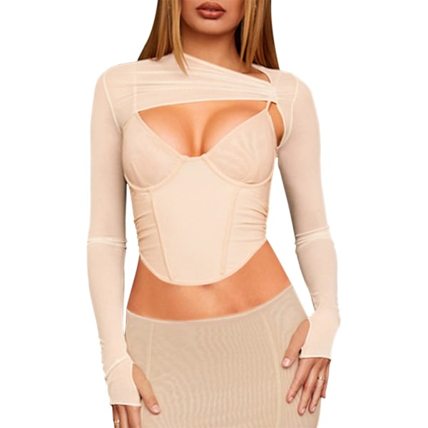 Kvinder Sexet Langærmet Mesh Crop Top Solid Cover Up Spaghetti Stropper Slim Fit