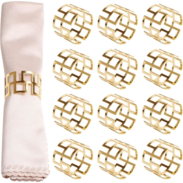 Gull Serviettringer Sett med 12, Hule Kutt Metall Serviettring Holdere for St.