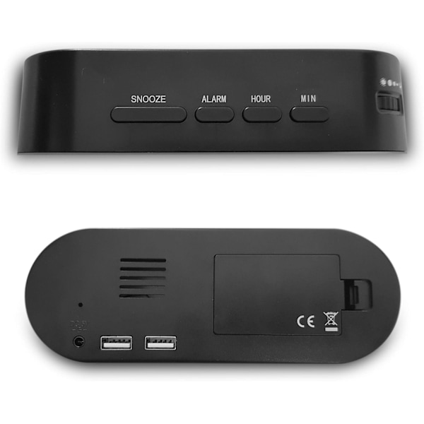 Digitaalinen herätyskello - Verkkovirralla toimiva, suuri numeronäyttö peilillä, torkkutoiminto ja USB-latausportit (musta)