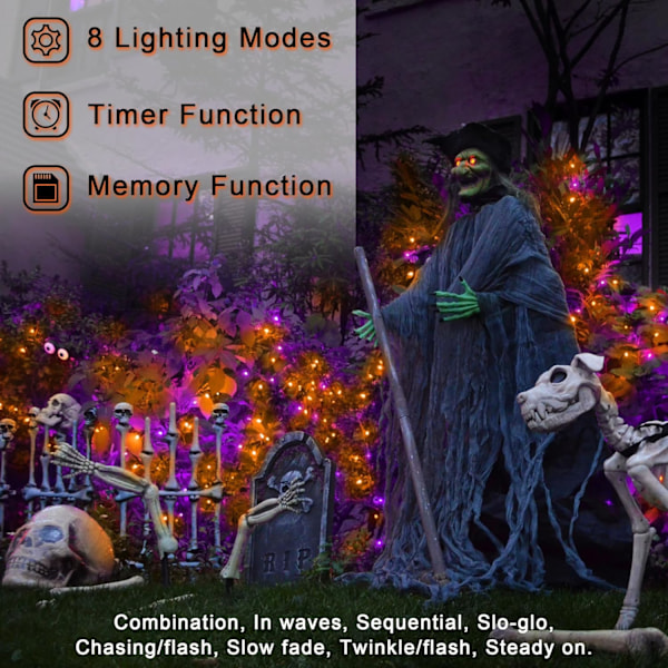 300 LED 100 FT Halloween-lyslenke for utendørs, LED-lyslenke med 8 lysmoduser og timer, innendørs utendørs for terrasse gårdsplass gjerde dekk
