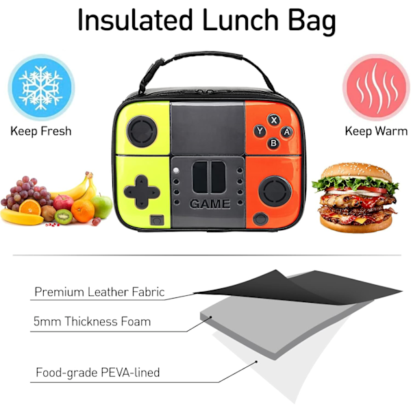 Lunchväska för pojkar, speltema, isolerad lunchlåda i läder