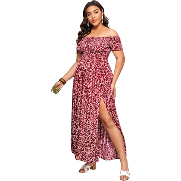 Plus Size Boho Blomster Off Shoulder Sommer Split A-Linje Lang Maxi Kjole til Kvinder