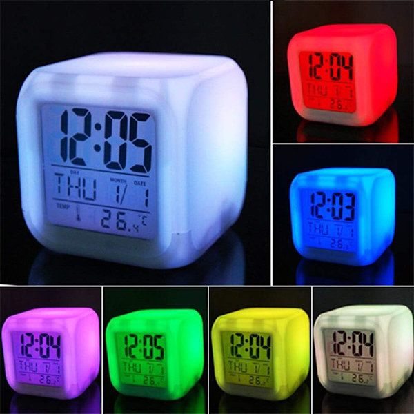 7 färger LED väckarklocka digital termometer väckarklocka nattlampa för barn sovrum heminredning söt baby drake med eld tecknad vit vit
