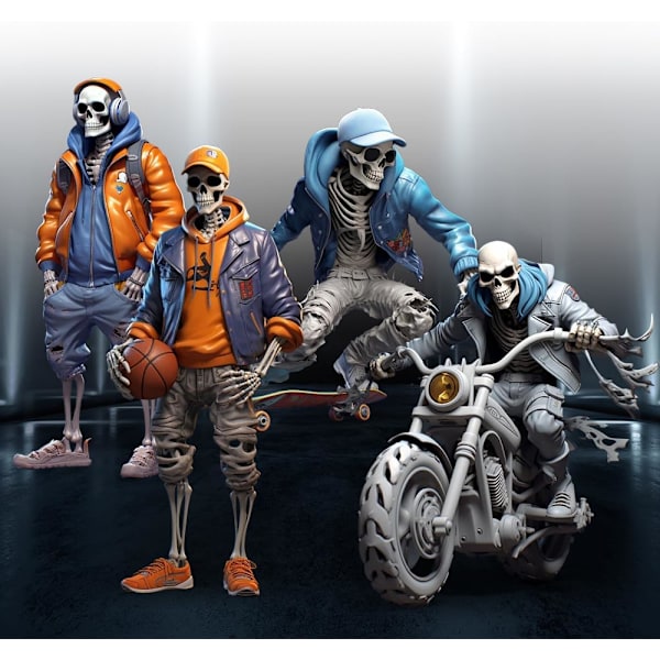 Seje skeletfigurer, 2023 Premium skeletdukkeharpikshåndværkspynt, unik livagtig kraniefigur, personlighed mini kranieharpiks 4stk