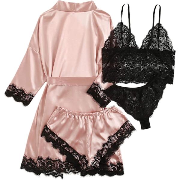 Dam satin pyjamas set 4 delar blommig spets trim cami underkläder
