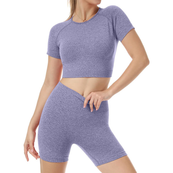 Yoga-kläder för kvinnor 2-delat set träningsdräkt sömlös kortärmad crop top