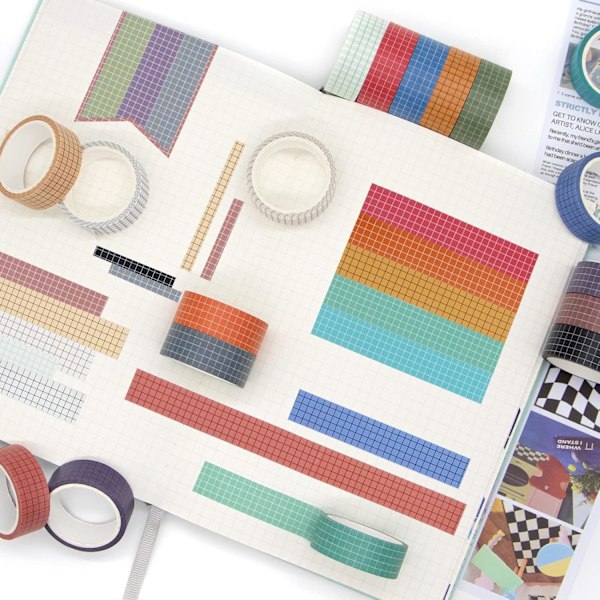 Färgglad rutnät Washi Tape Set - 18 rullar för DIY-dekor