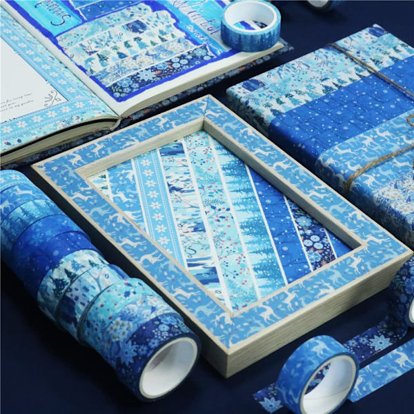 Vinter Washi Tape Set 10 rullar - Blå Vit Snöflinga Blomma Trä Dekorativ Tejp för Hantverk