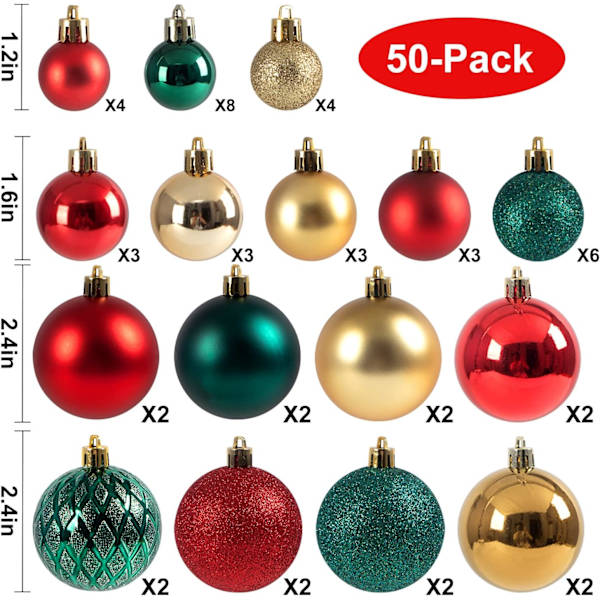 Julgransprydnader, 50 st julgranskulor set röd grön guld