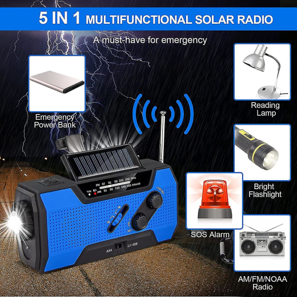 Dww-sään hätäradio 2000mah aurinko-/kammi-/akkukäyttöinen kannettava akkulaturi, Am/fm, led-taskulamppu, sos-hälytys, sininen
