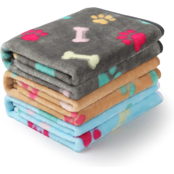 1 pakke 3 tæpper Fluffy Premium Fleece kæledyrstæppe Flannel Paw Bone