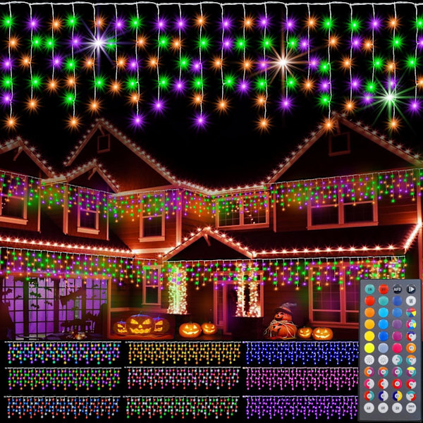 Färgförändrande istappsljus med fjärrkontroll, 34 färger jul LED istappsljus utomhus, 165 LED 15,7 FT RGB vattentäta hängande ljusslingor för