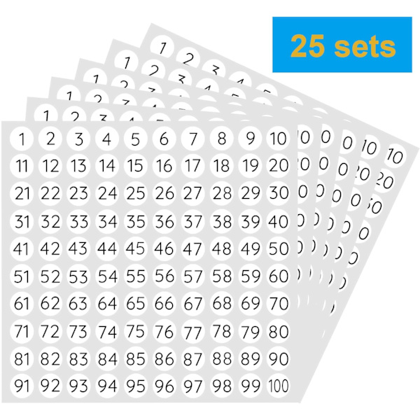 Selvklebende runde nummerlapper 1-100, 0,4, 25 ark - hvite nummerklistremerker
