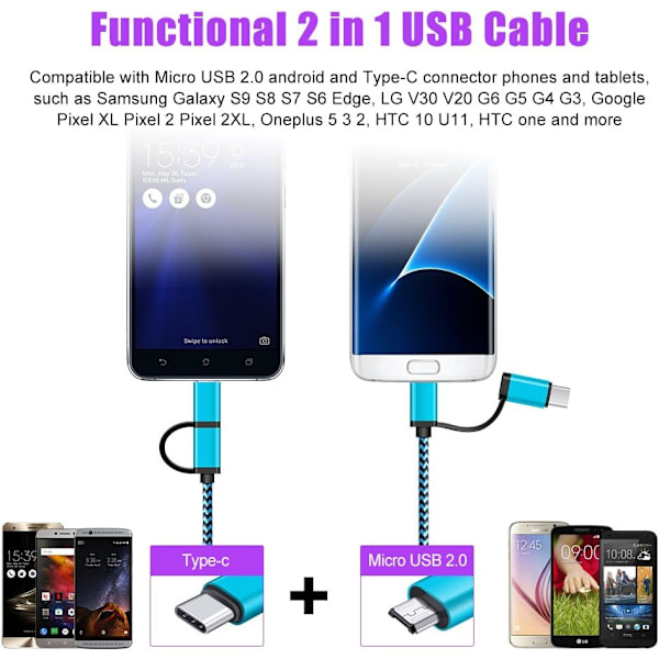 USB Type C-kabel 5-pak 6 fot USB C 2-i-1-kabel [Micro USB og Type C]