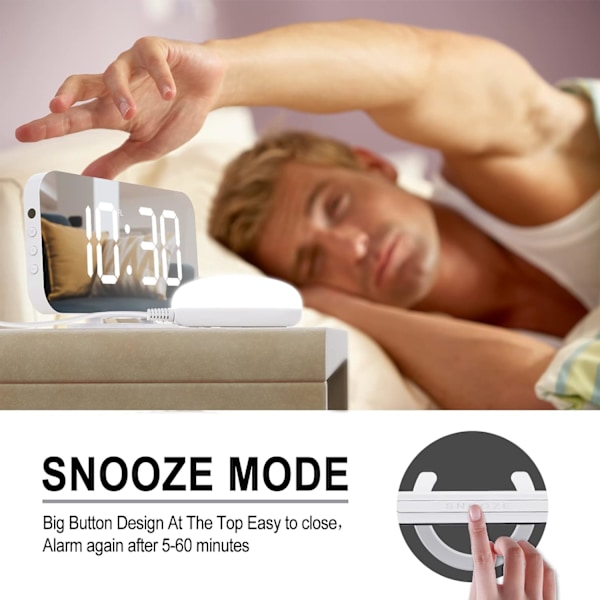 Hög digital väckarklocka för tunga sovare vuxna med sängvibrator, 2 USB-laddare, justerbar LED-lampa, snooze, larm, klocka för sovrum, vit