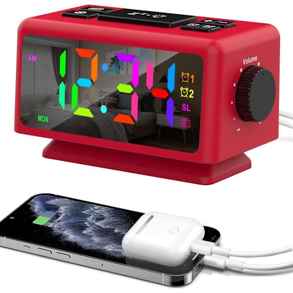 Digitalt vækkeur med 11 dynamisk RGB-display, FM-radiovækkeur med 2 USB-porte, søvnlydmaskiner med timer, 000 % lysdæmper, dobbelt rød