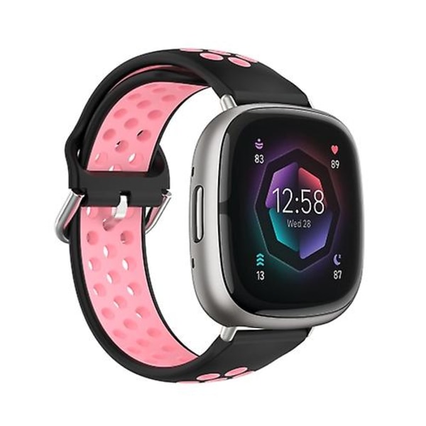 For Fitbit Sense 2 Tofarget perforert, pustende silikonklokkebånd IHP Black-Pink