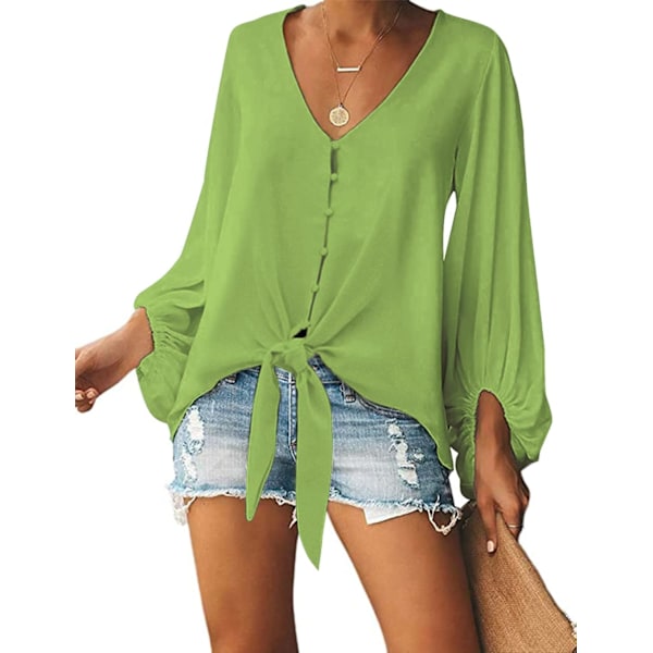 Kvinners Knappet Ned V-Hals Sløyfe Knute Front Topper 3/4 Erme Chiffon Casual Bluse