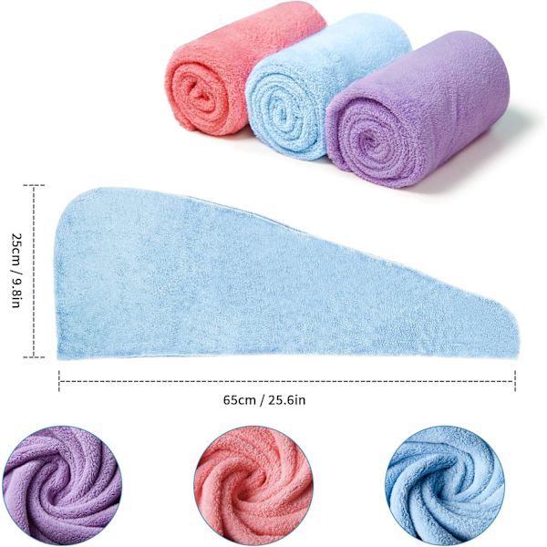 3-pack mikrofiber hårtorkande handduksomslag - superabsorberande turbanhanddukar med knappar (blå | lila | rosa)