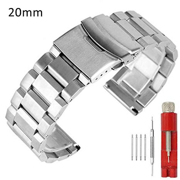 18/20/22/24mm Ersättnings Dubbla Spännen Rostfritt Stål Armband Rem Silver 20mm