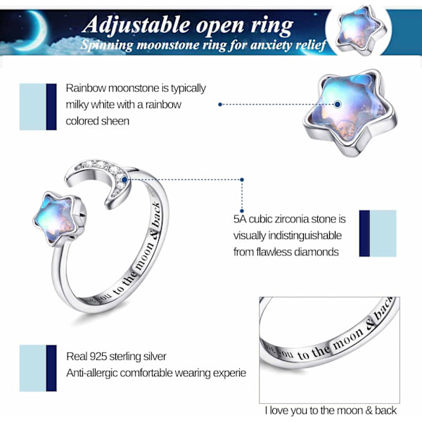 925 Sterling Sølv Fidget Ringe - Justerbar Månesten og CZ Måne Stjerne Spinner Ring