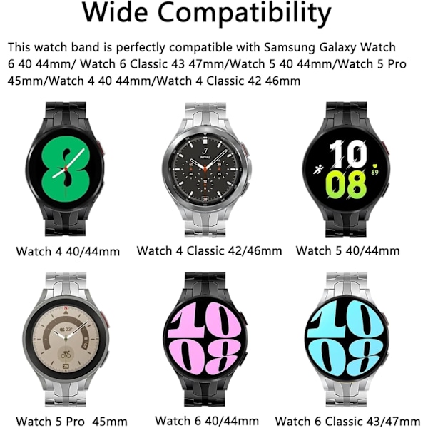 Metalremme kompatibel med Galaxy Watch 7/FE/6/5/4 Band 40/44mm, ingen huller rustfrit stålrem kompatibel med Galaxy Watch 7/FE/6/5/4 til mænd