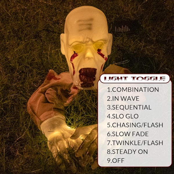 Krypande zombie, läskig blodig zombiedekoration med ljus och insats, batteridriven multi-mode animatronik för trädgård, hemsökt hus, fest