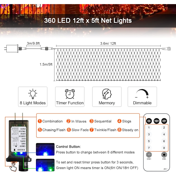 360 LED 12ft x 5ft Halloween Nätljus, Anslutningsbara Orange Nätljus Utomhus Nätljus med Fjärrkontroll, 8 Lägen Plug in Orange Halloween Ljus